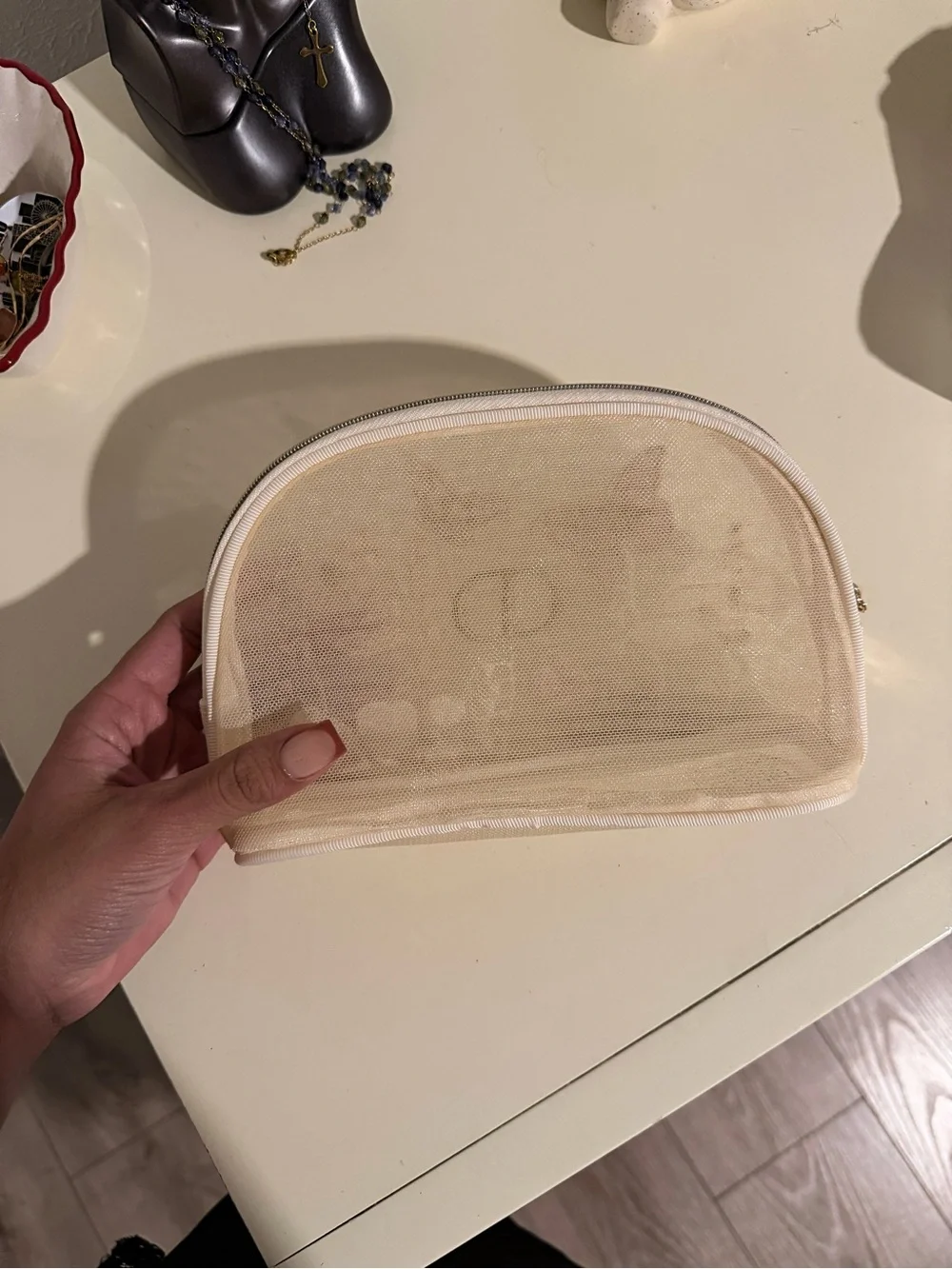Dior Beige Embroidered Mesh Cosmetic Pouch